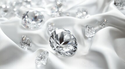 A collection of sparkling diamonds on a smooth white fabric background.