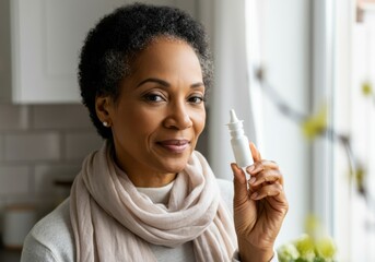 Mature woman using a nasal spray to treat allergy symptoms, finding relief and comfort in her home environment