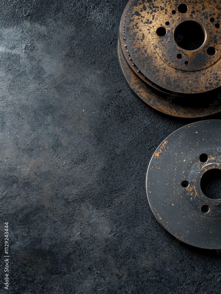 Fototapete Brake pads and rusty discs are positioned on a dark textured surface, providing a clean area for additional text or product descriptions. Generative AI
