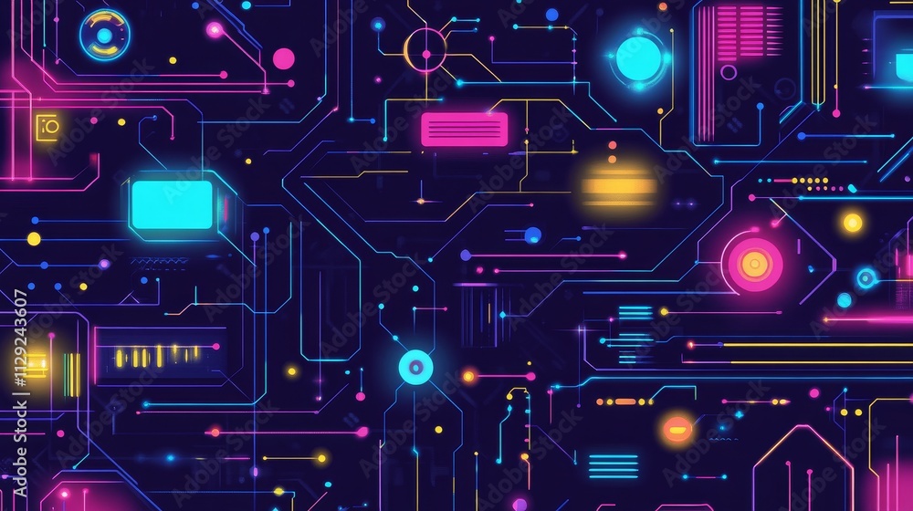 Poster abstract digital circuitry design with vibrant colors and glowing elements.