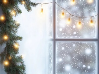 A frosted window with minimalist Christmas lights and garland, perfect for festive mockups and cozy holiday scenes