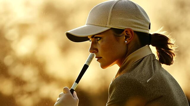 Determined Female Golfer Aiming in Sandy Bunker