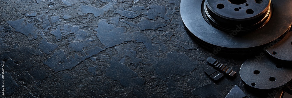 Aufkleber durable brake pads and discs are arranged on a dark textured surface, leaving ample space for text o