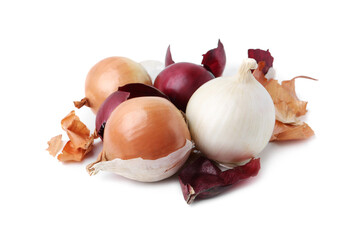 Fresh onions with peels isolated on white