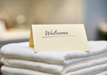 Freshly laundered white towels stacked neatly with a welcome note on top, creating a warm and inviting atmosphere for guests arriving in a hotel room
