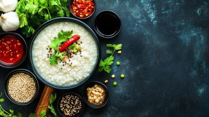 Freshly Prepared Rice Congee with Spices and Fresh Herbs in Bowls