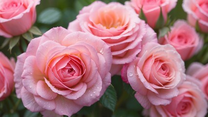 Fototapeta premium Pink roses closeup with rain drops on the petals