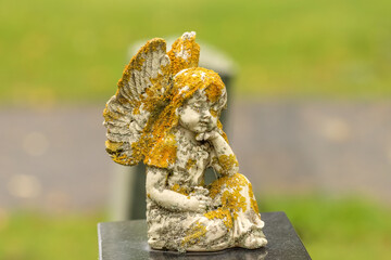 Small angel statue as a grave decoration in a cemetery. Little angel covered with lichen sits on a tombstone with her eyes closed. Green background. Empty space for text. 