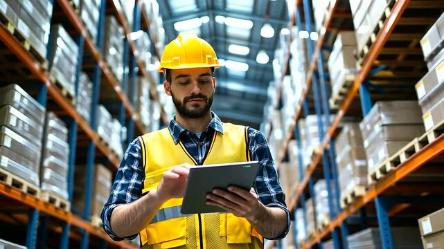 A warehouse worker stands near a forklift, using a tablet to track inventory, with neat stacks of products and the bright, open distribution center around him.