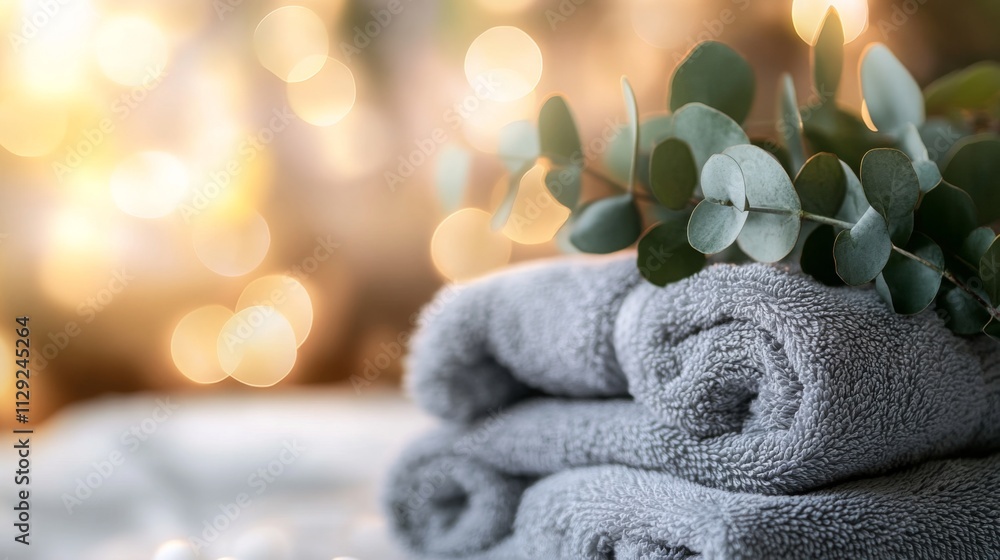 Poster soft, rolled towels sit on a table, accompanied by fresh eucalyptus leaves. the cozy setting is illu