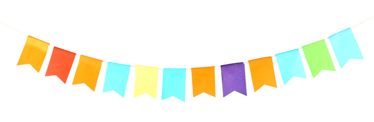 Colorful party flags isolated on white. Festive decor