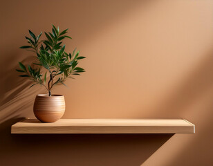 Minimalist Shelf with Plant and Shadows Against Mocha Mousse Background