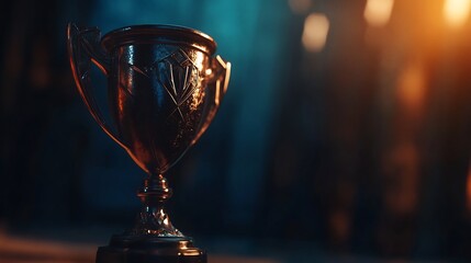 Shiny golden trophy blue ribbon scattered confetti victory honor background