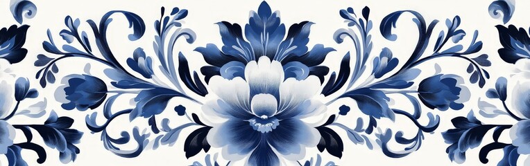 Blue and white floral Baroque-style pattern with intricate design