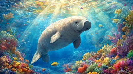 Naklejka premium Majestic Manatee Swimming through Vibrant Coral Reef Landscape
