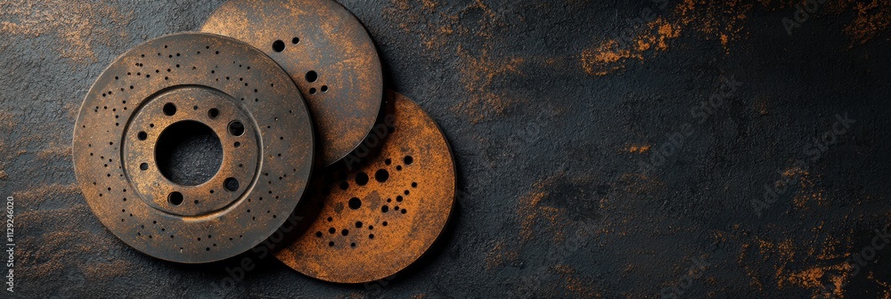 Poster close-up view of worn brake pads and discs arranged on a textured surface, ideal for automotive desi