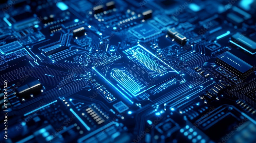 Poster a close-up view of a circuit board with glowing blue components and intricate pathways.