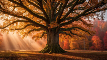 a cinematic photograph of a majestic, towering tree with intricately detailed, golden leaves that sparkle like jewels in the warm, soft sunlight, set against a vibrant, fiery crimson and burnt orange 