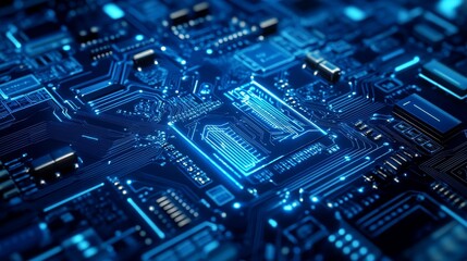 Obraz premium A close-up view of a circuit board with glowing blue components and intricate pathways.