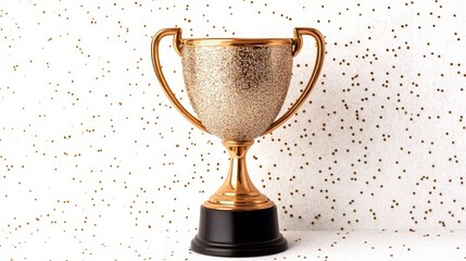 Golden Trophy on Pedestal: A classic silver trophy with a gold base stands majestically on a black pedestal, symbolizing victory and achievement.