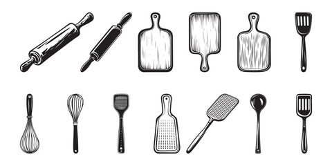 Kitchenware utensils vector pack - grater, spatula, pusher, cutting board, chopping board, rolling pin