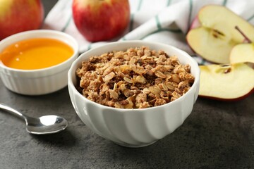 Delicious apple crisp in bowl, fresh fruits and honey on grey table, closeup