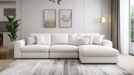 Minimalist living room with sectional sofa and area rug