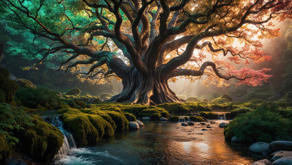 a cinematic photograph of a majestic tree with iridescent leaves that shift between hues of emerald green, amber, and crimson as they dance in the dappled sunlight, its gnarled branches stretching tow