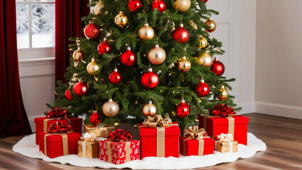 A lovely Christmas tree with gifts underneath and ornaments in shades of gold and red. PNG transparency.
