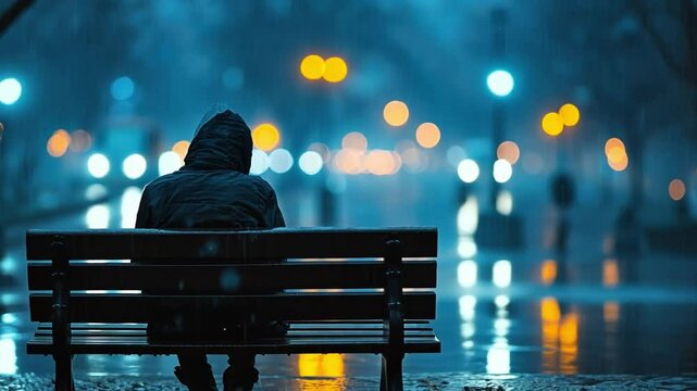 A person sitting alone on a park bench in the rain, looking downcast.