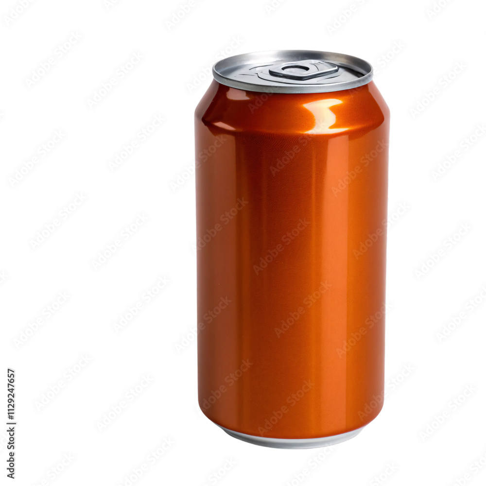 Poster a compact orange soda can with a polished metallic surface, showcasing a slightly squat profile with