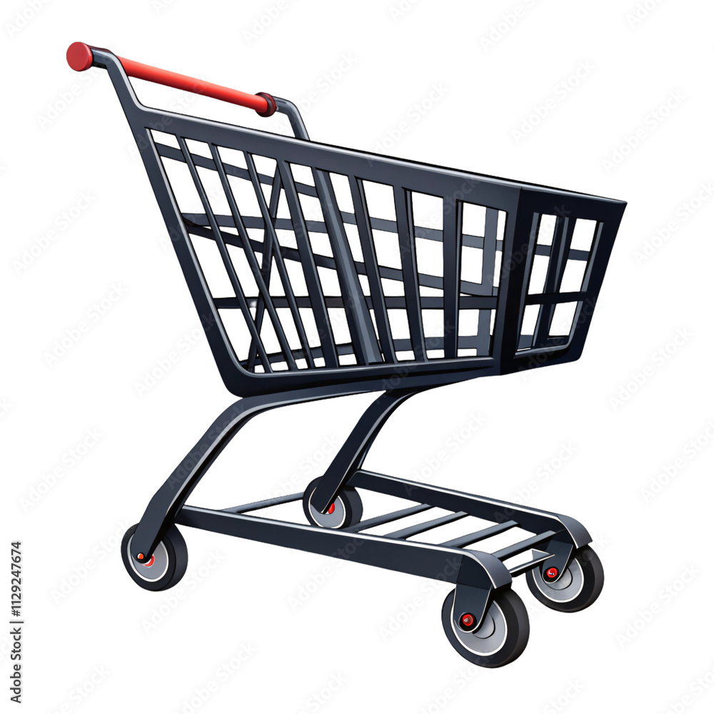 Poster a detailed shopping cart with a red handle and metallic black finish, highlighting a blend of utilit