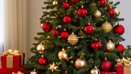 A lovely Christmas tree with gifts underneath and ornaments in shades of gold and red. PNG transparency.
