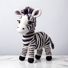 A cute knitted zebra toy made of woolen threads stands on a marble table.
