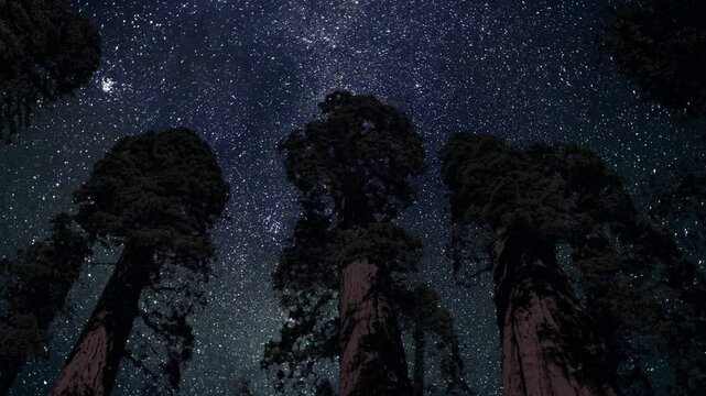 Night sky in the forest with sequoia trees