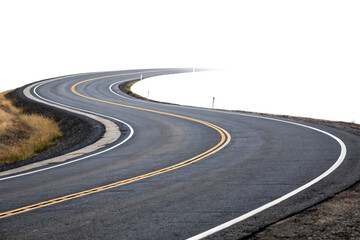 Gentle highway bend crosses dry terrain with faint roadside vegetation, evoking a balanced interplay between wilderness and road travel, isolated on a transparent background