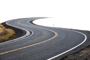 Gentle highway bend crosses dry terrain with faint roadside vegetation, evoking a balanced interplay between wilderness and road travel, isolated on a transparent background