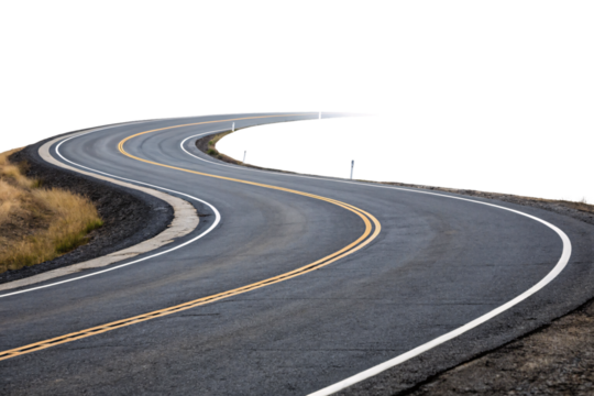 Gentle highway bend crosses dry terrain with faint roadside vegetation, evoking a balanced interplay between wilderness and road travel, isolated on a transparent background