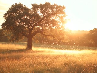 Golden Sunset Illuminates Solitary Oak Tree In Grassland
