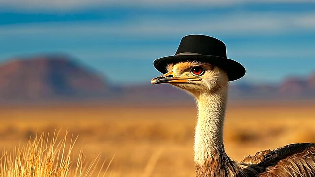 Ostrich in Bowler Hat Against Karoo Desert Background