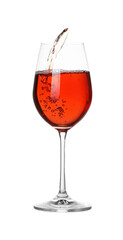 Tasty wine splashing in glass on white background