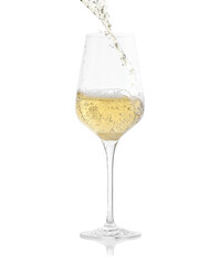 Tasty wine splashing in glass on white background