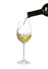 Pouring wine into glass on white background