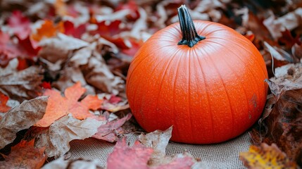 Vibrant fall background featuring orange pumpkins layered with colorful fall leaves and dried cornstalks on a burlap tablecloth for a festive touch