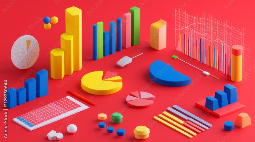 Leinwandbilder colorful 3d graphs and charts on red background for data visualization
