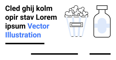 Popcorn bucket and medicine bottle alongside stylized text. Ideal for health, entertainment, education, infographics, marketing, websites, presentations. Landing page