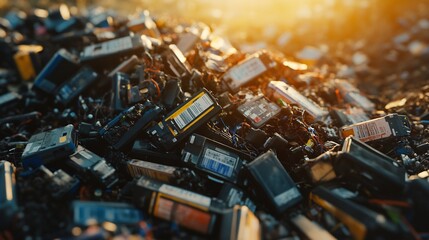 Pile of Discarded Electronic Batteries at Sunset