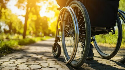 Wheelchair rolling on sunny path, outdoors.