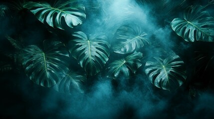 Obraz premium Radiant green and blue neon light enhancing the texture of tropical leaves with a surreal glow on a dark gradient background