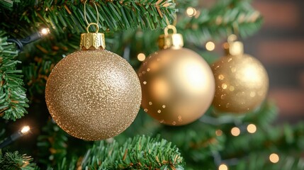 Fototapeta premium Macro view of a Christmas tree decorated with golden ornaments and glittering lights capturing the fine details of pine needles and seasonal decorations